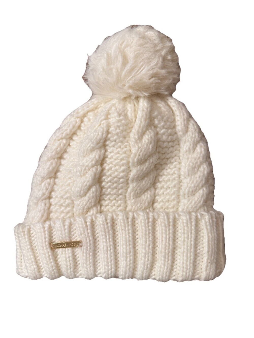 Michael Kors Women’s Ivory Knit Beanie Gold Logo Winter Hat